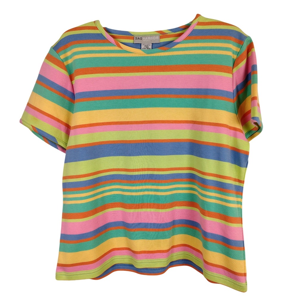NWT Sag Harbor Womens XL Striped Short Sleeve Top Multicolor Knit Retro Kidcore